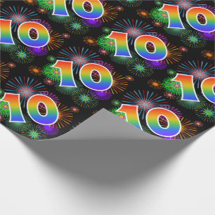 Colorful Fireworks + Rainbow Pattern "10" Event # Wrapping Paper
