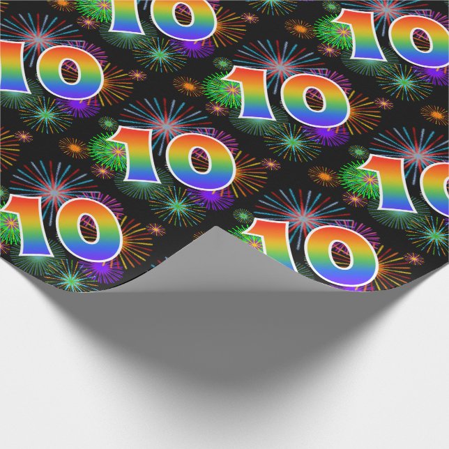 Colorful Fireworks + Rainbow Pattern "10" Event # Wrapping Paper (Corner)