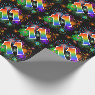 Colorful Fireworks + Rainbow Pattern "11" Event # Wrapping Paper