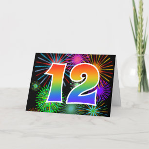 Colorful Fireworks + Rainbow Pattern "12" Event # Card