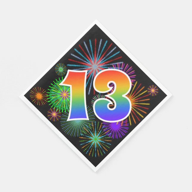 Colorful Fireworks + Rainbow Pattern "13" Event # Napkins (Corner)