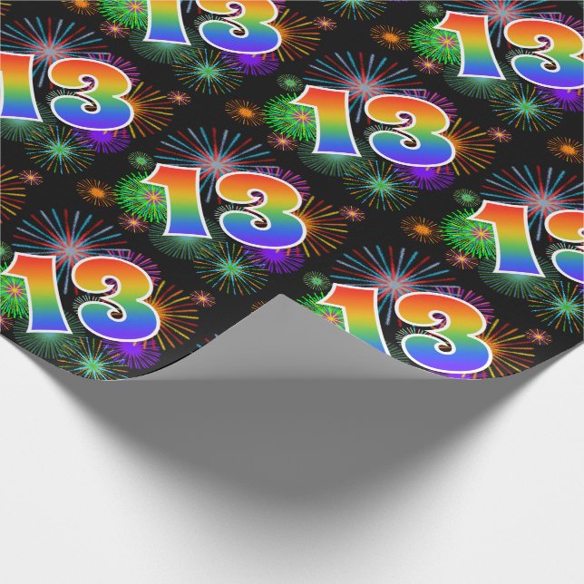 Colorful Fireworks + Rainbow Pattern "13" Event # Wrapping Paper (Corner)