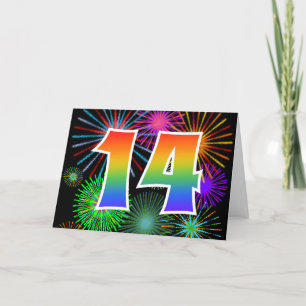 Colorful Fireworks + Rainbow Pattern "14" Event # Card