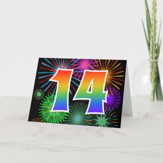 Colorful Fireworks + Rainbow Pattern "14" Event # Card (Front)