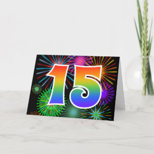 Colorful Fireworks + Rainbow Pattern "15" Event # Card