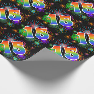 Colorful Fireworks + Rainbow Pattern "15" Event # Wrapping Paper