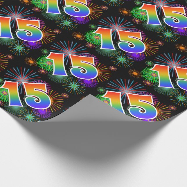 Colorful Fireworks + Rainbow Pattern "15" Event # Wrapping Paper (Corner)