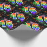 [ Thumbnail: Colorful Fireworks + Rainbow Pattern "16" Event # Wrapping Paper ]