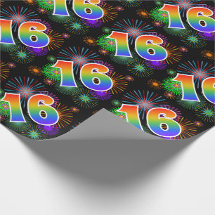 Colorful Fireworks + Rainbow Pattern "16" Event # Wrapping Paper