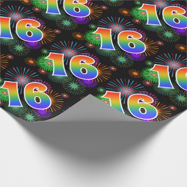 Colorful Fireworks + Rainbow Pattern "16" Event # Wrapping Paper (Corner)