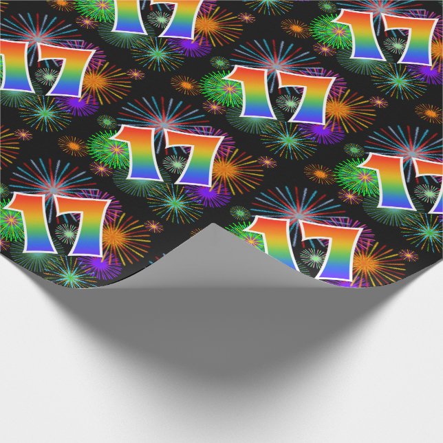 Colorful Fireworks + Rainbow Pattern "17" Event # Wrapping Paper (Corner)