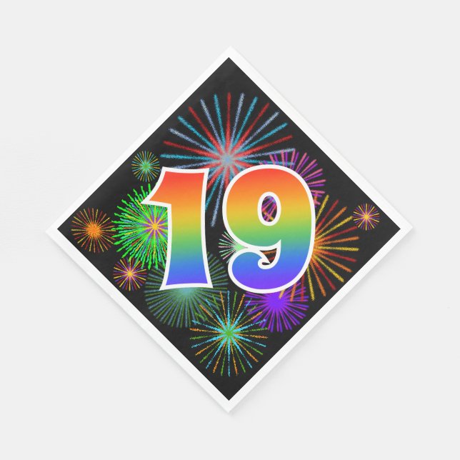 Colorful Fireworks + Rainbow Pattern "19" Event # Napkins (Corner)