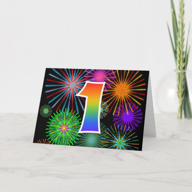 Colorful Fireworks + Rainbow Pattern "1" Event # Card (Front)