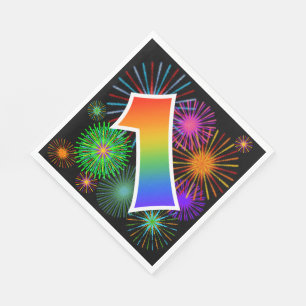 Colorful Fireworks + Rainbow Pattern "1" Event # Napkins