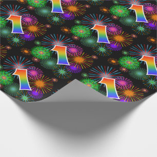 Colorful Fireworks + Rainbow Pattern "1" Event # Wrapping Paper
