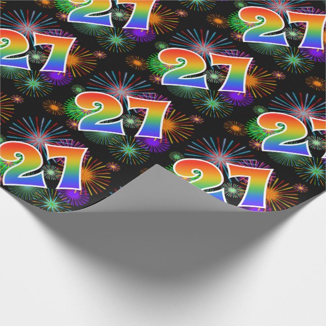 Colorful Fireworks + Rainbow Pattern "27" Event # Wrapping Paper (Corner)