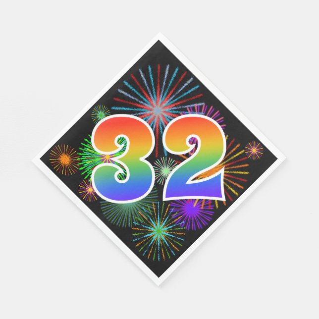 Colorful Fireworks + Rainbow Pattern "32" Event # Napkins (Corner)