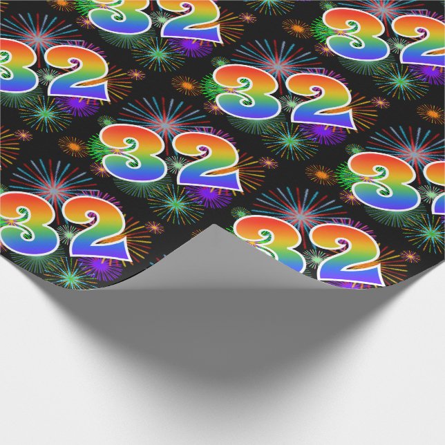 Colorful Fireworks + Rainbow Pattern "32" Event # Wrapping Paper (Corner)