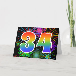 Colorful Fireworks + Rainbow Pattern "34" Event # Card