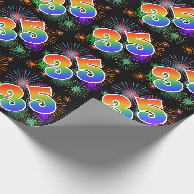 Colorful Fireworks + Rainbow Pattern "35" Event # Wrapping Paper (Corner)