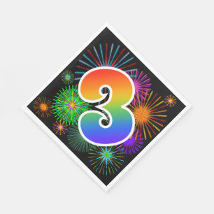 Colorful Fireworks + Rainbow Pattern "3" Event # Napkins