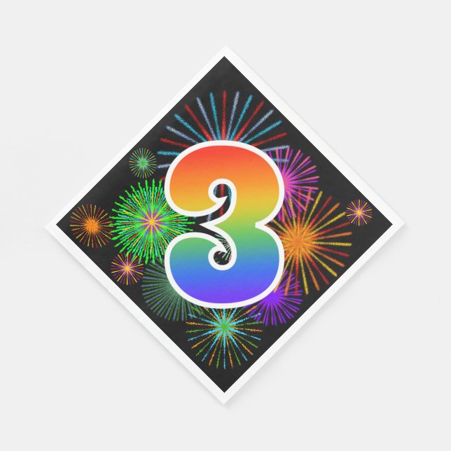 Colorful Fireworks + Rainbow Pattern "3" Event # Napkins (Corner)