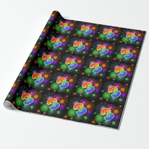 Colorful Fireworks + Rainbow Pattern "3" Event # Wrapping Paper