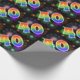 Colorful Fireworks + Rainbow Pattern "40" Event # Wrapping Paper