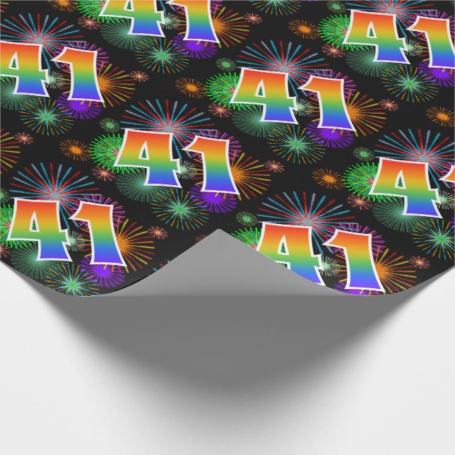 Colorful Fireworks + Rainbow Pattern "41" Event # Wrapping Paper (Corner)