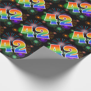Colorful Fireworks + Rainbow Pattern "42" Event # Wrapping Paper