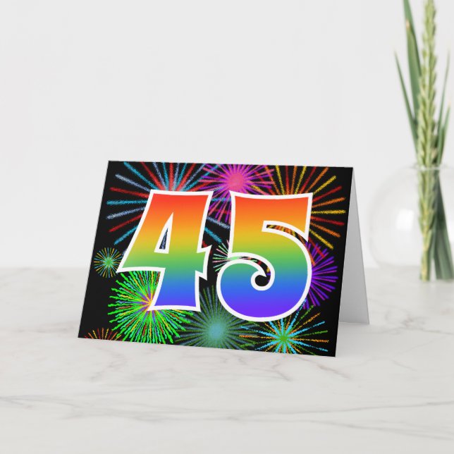 Colorful Fireworks + Rainbow Pattern "45" Event # Card (Front)
