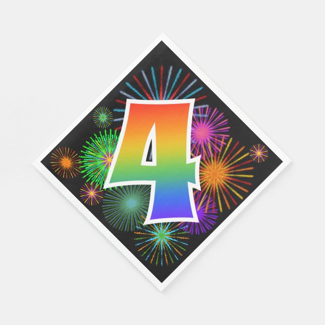 Colorful Fireworks + Rainbow Pattern "4" Event # Napkins (Corner)