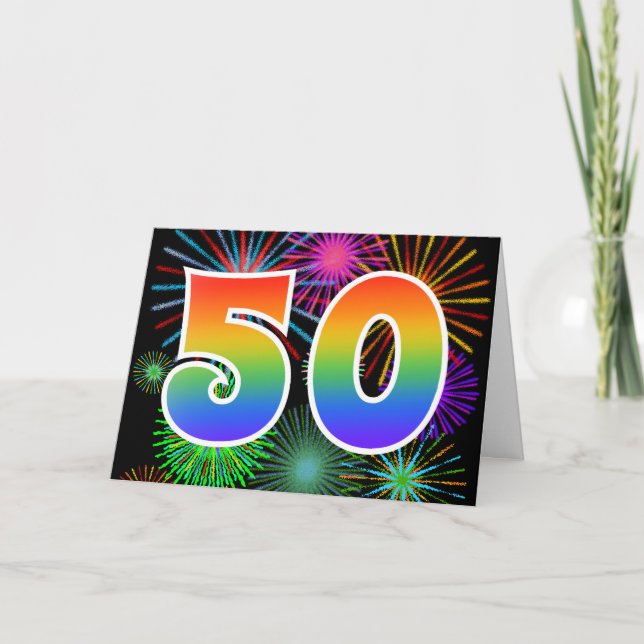 Colorful Fireworks + Rainbow Pattern "50" Event # Card (Front)
