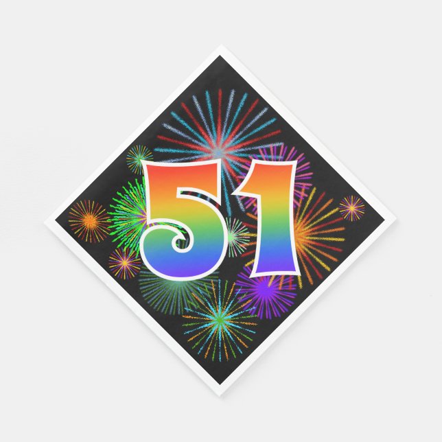 Colorful Fireworks + Rainbow Pattern "51" Event # Napkins (Corner)