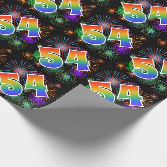 Colorful Fireworks + Rainbow Pattern "54" Event # Wrapping Paper (Corner)