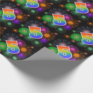 Colorful Fireworks + Rainbow Pattern "5" Event # Wrapping Paper