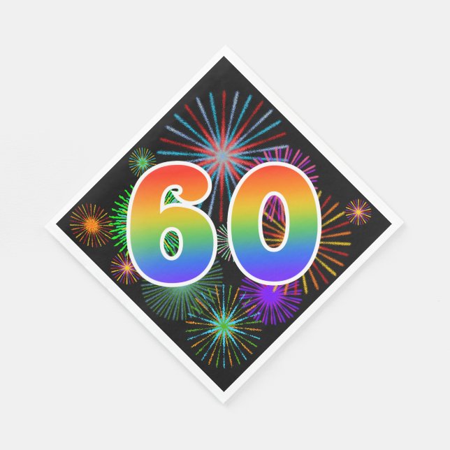Colorful Fireworks + Rainbow Pattern "60" Event # Napkins (Corner)