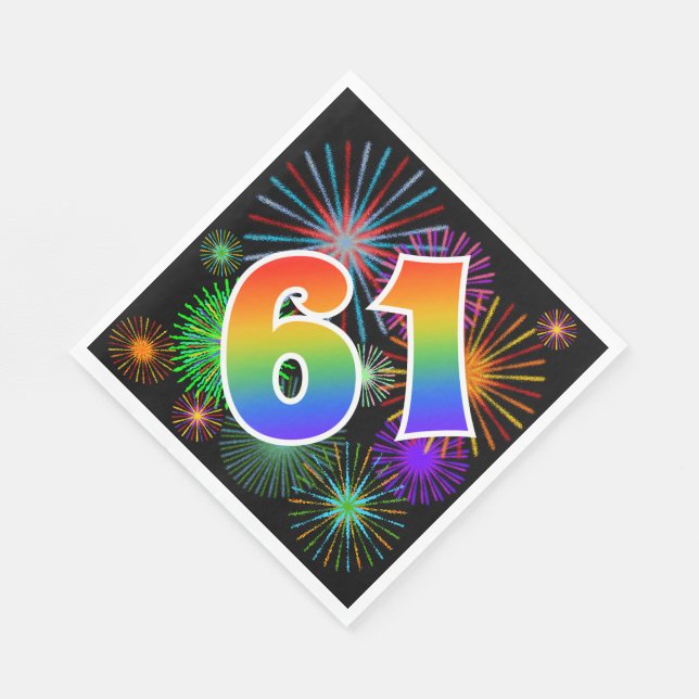 Colorful Fireworks + Rainbow Pattern "61" Event # Napkins (Corner)