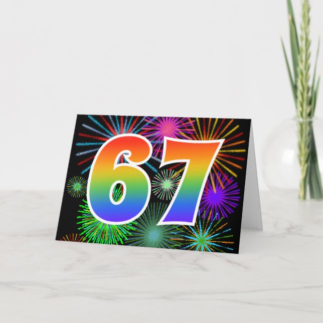 Colorful Fireworks + Rainbow Pattern "67" Event # Card (Front)
