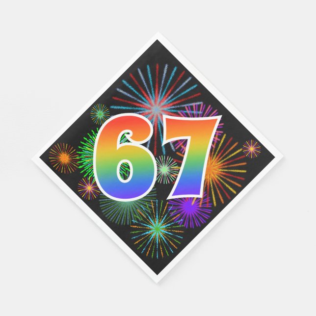 Colorful Fireworks + Rainbow Pattern "67" Event # Napkins (Corner)