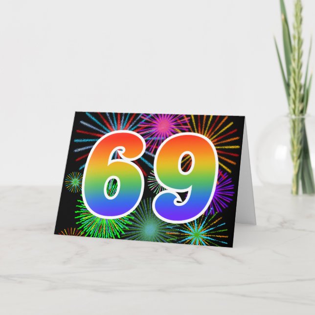 Colorful Fireworks + Rainbow Pattern "69" Event # Card (Front)