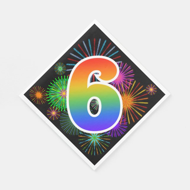 Colorful Fireworks + Rainbow Pattern "6" Event # Napkins (Corner)