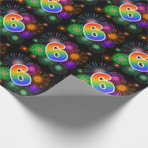 Colorful Fireworks + Rainbow Pattern "6" Event # Wrapping Paper