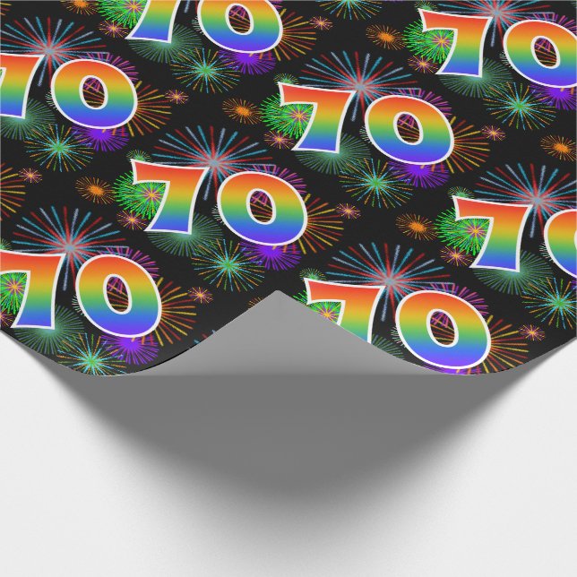 Colorful Fireworks + Rainbow Pattern "70" Event # Wrapping Paper (Corner)