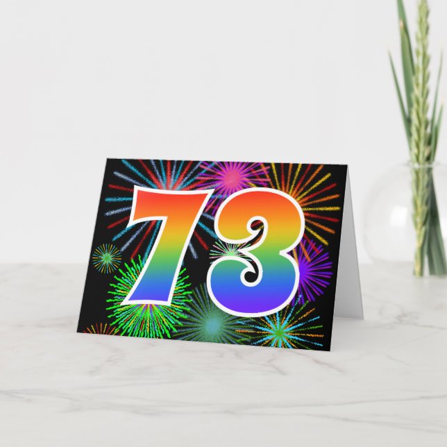Colorful Fireworks + Rainbow Pattern "73" Event # Card (Front)