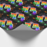 [ Thumbnail: Colorful Fireworks + Rainbow Pattern "74" Event # Wrapping Paper ]
