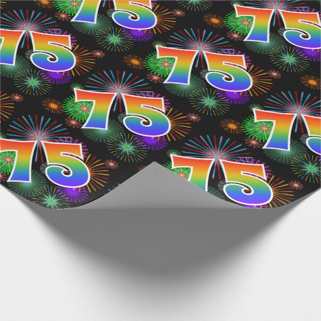 Colorful Fireworks + Rainbow Pattern "75" Event # Wrapping Paper (Corner)
