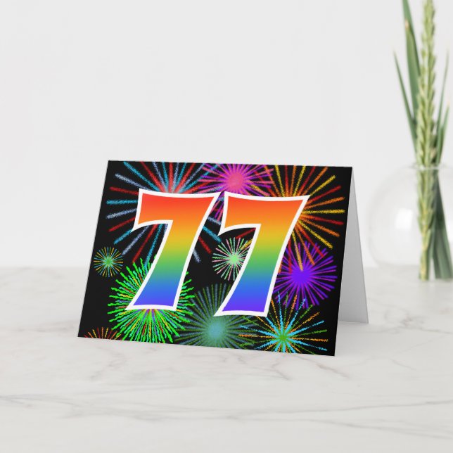 Colorful Fireworks + Rainbow Pattern "77" Event # Card (Front)