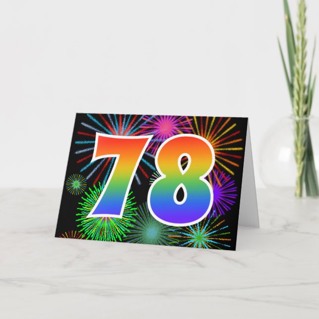 Colorful Fireworks + Rainbow Pattern "78" Event # Card (Front)