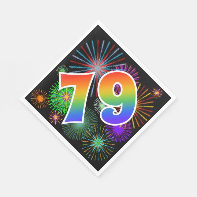 Colorful Fireworks + Rainbow Pattern "79" Event # Napkins (Corner)